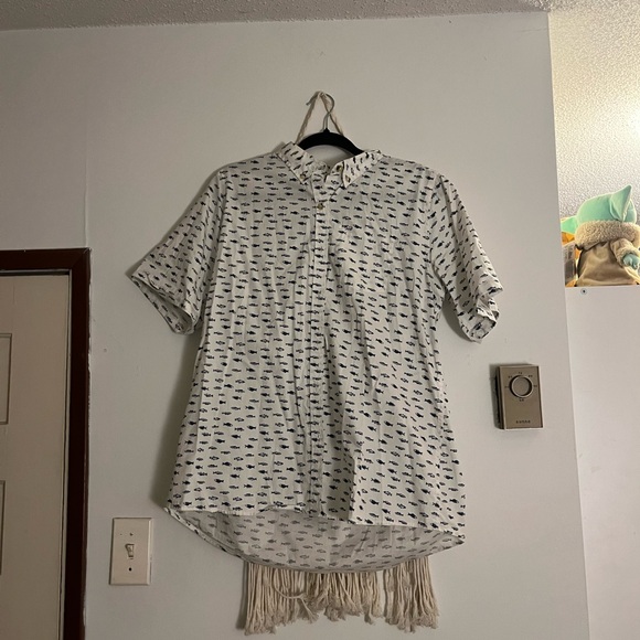 Patterned Button-Up Shirt with Fringe - Picture 1 of 2